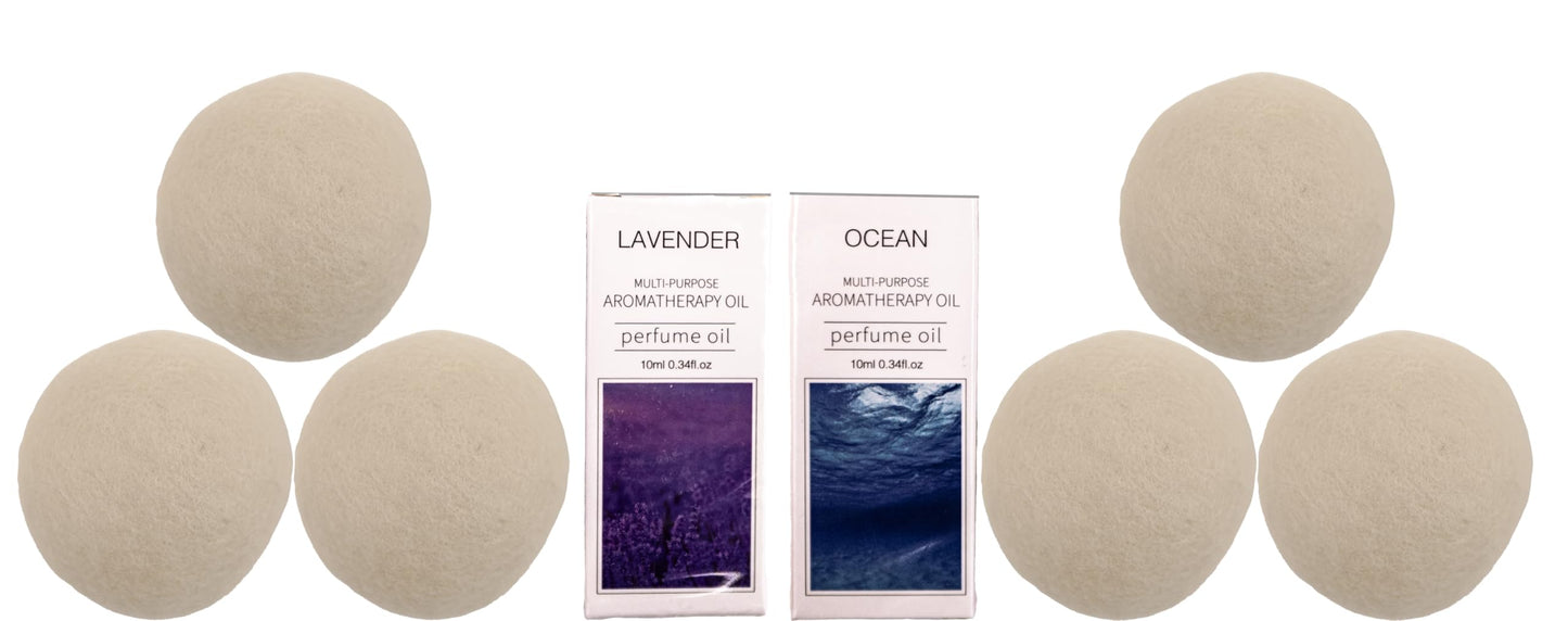 Haven Wool Dryer Balls with Essential Oils - 6-Pack Natural Reusable Laundry Balls with Lavender & Ocean Scents - Eco-Friendly Fabric Softener