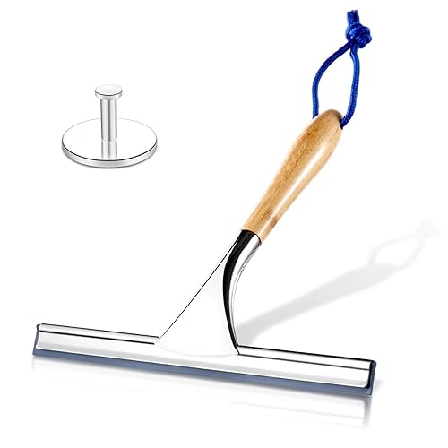ToiletTree Products All Purpose Bamboo Stainless Steel Squeegee - Rust Proof Deluxe Squeegee with Hanging Hook - Hand Wiper for Shower Doors