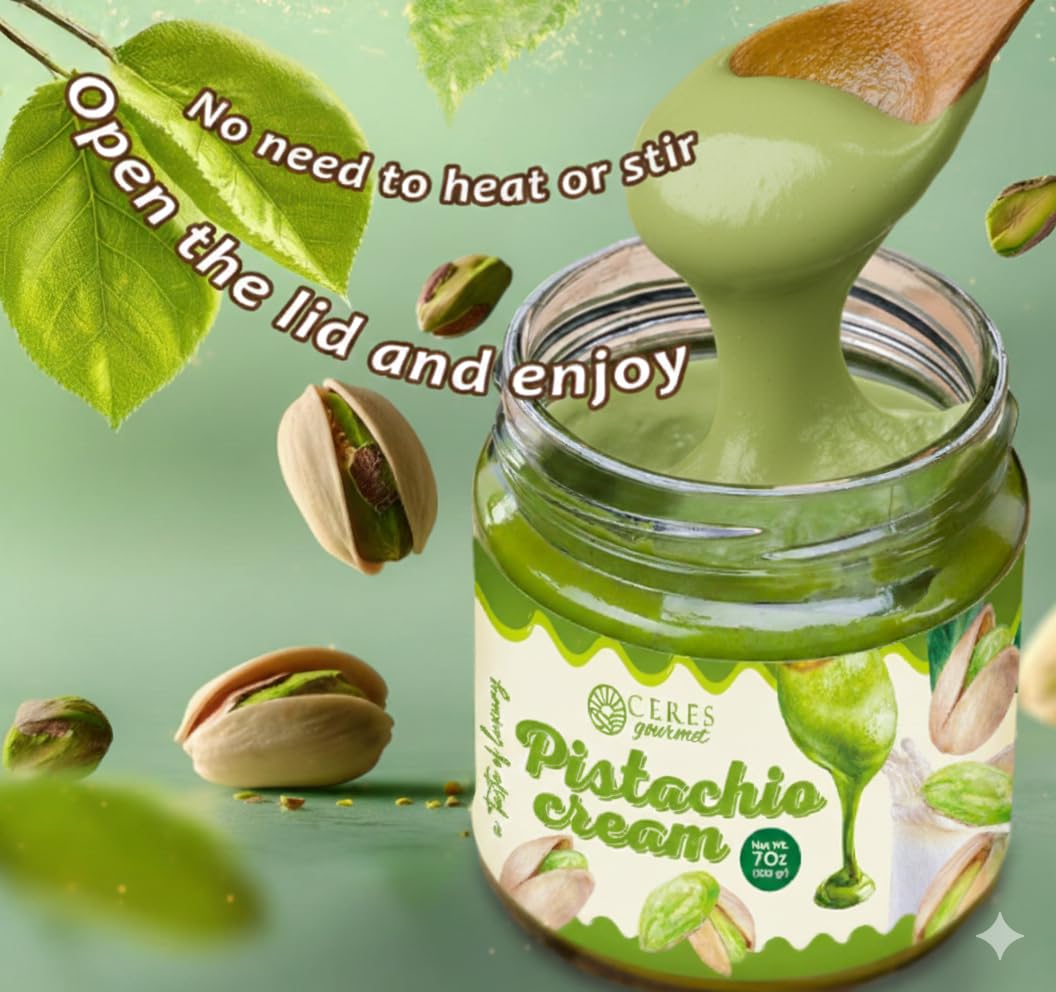 Ceres Gourmet Pistachio Cream Spread, 7 oz, 30% Real Pistachio Butter for Dubai Chocolate Bar Kit, Premium Crema de Pistacho, Smooth Gluten-Free No