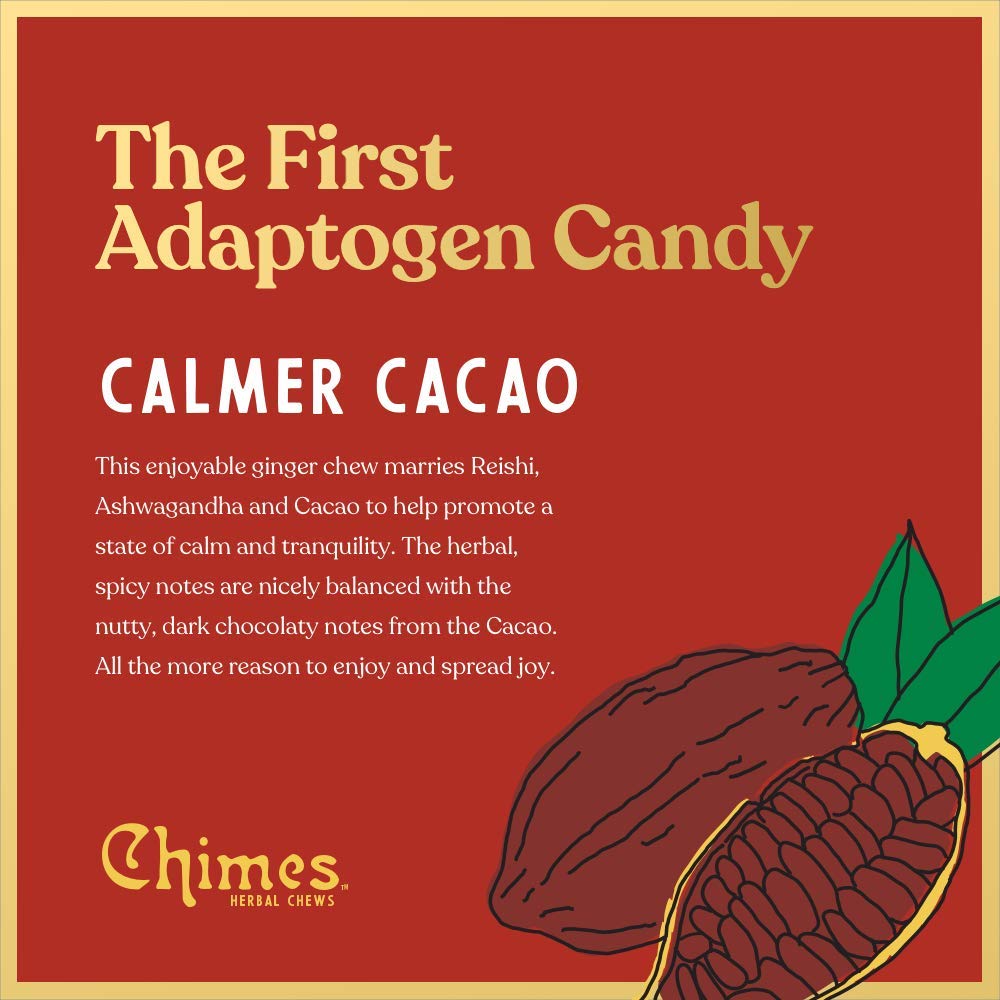 Chimes Calmer Cacao Adaptogen Ginger Chews Candy - (2 Pack With Ashwagandha, Reishi and Dark Cacao with Theobromine) Vegan, Gluten Free…