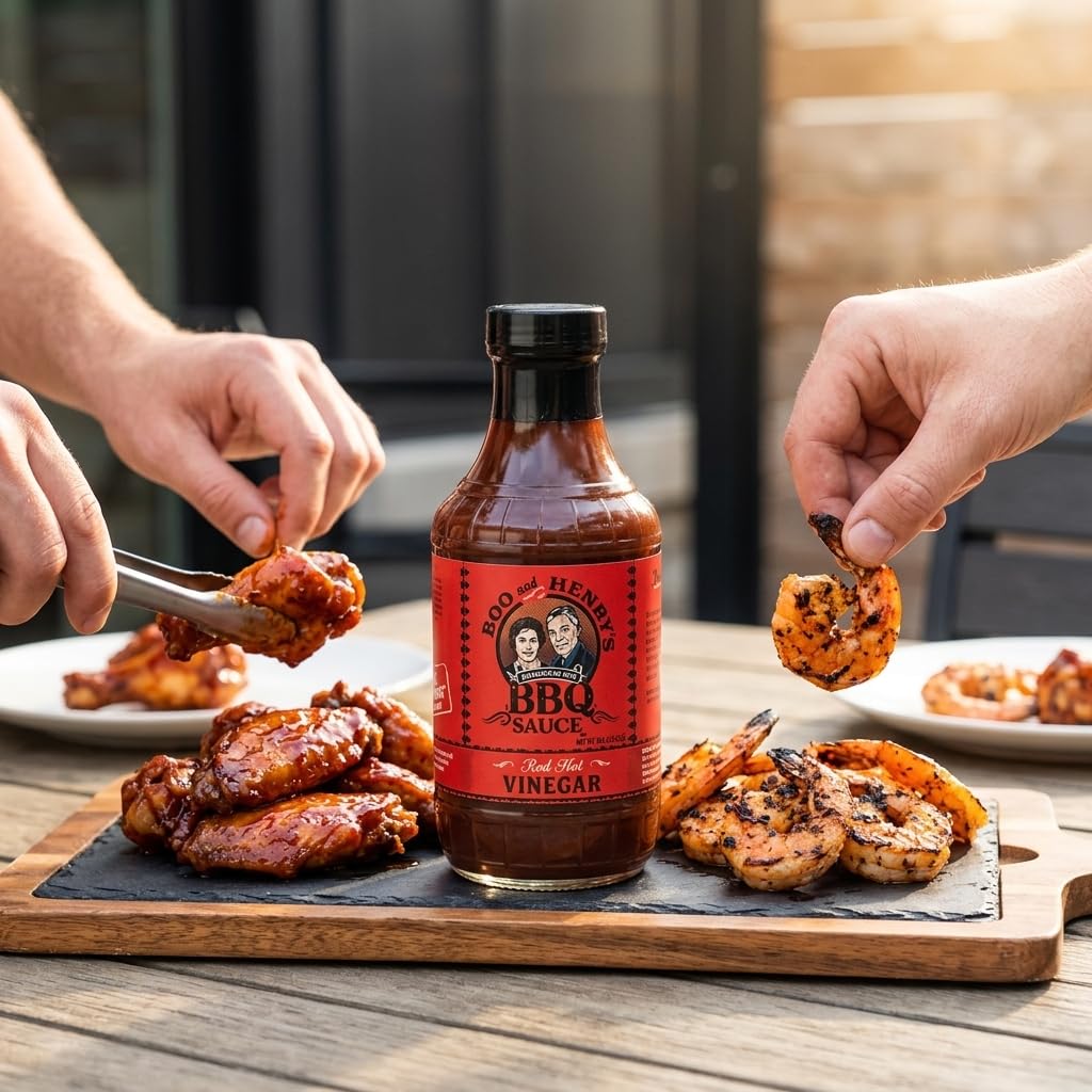 Boo and Henry's BBQ-HOT Variety 4-Pack for Barbecue, Burnin'Hot Love Seasoning Plus Smokin'Hot, Red Hot Vinegar, and Carolina Red Hot Mustard Sauces