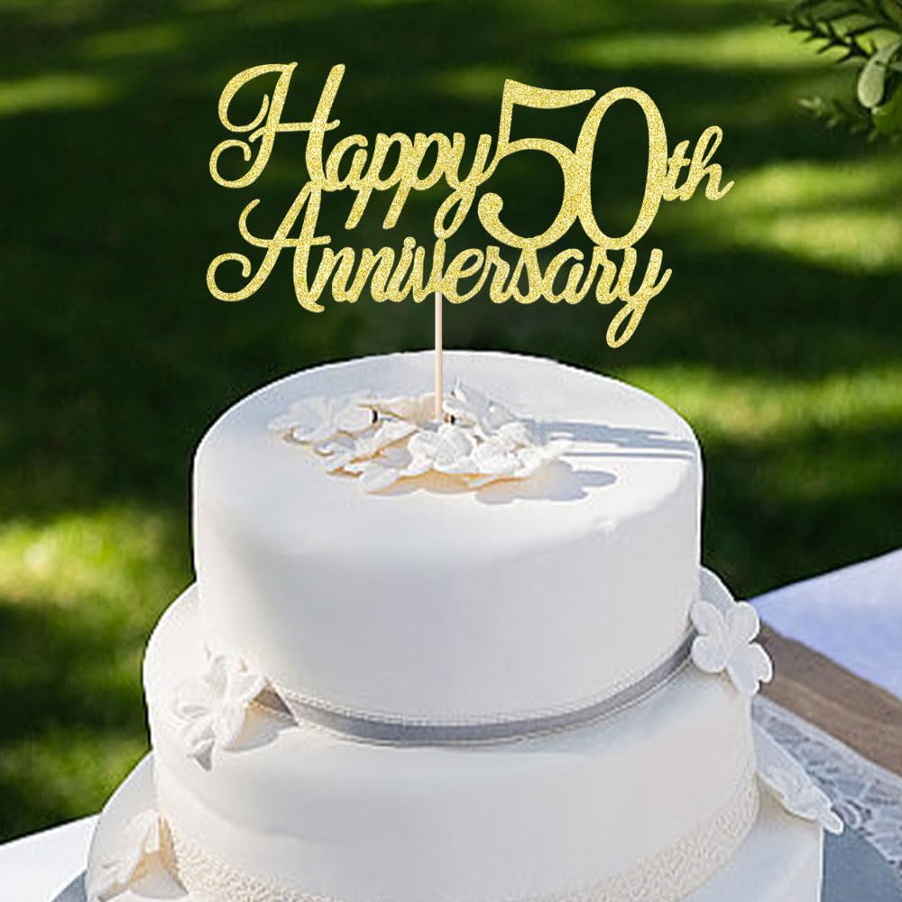 Auteby Happy 50th Anniversary Cake Topper, Gold Glitter 50th Birthday/Wedding Anniversary Party Decoration Supplies (50)