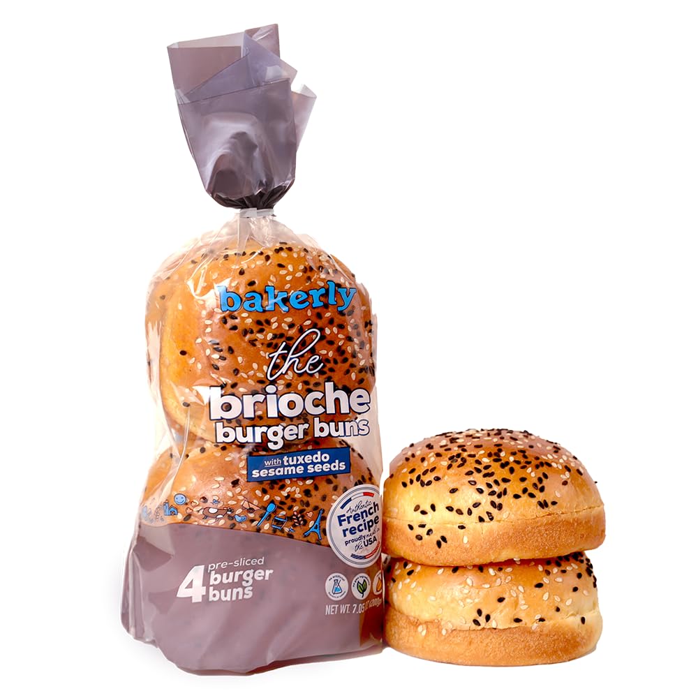 bakerly Brioche Burger Buns With Tuxedo Sesame Seeds Pack of 4, 4-Count, Non-GMO, No Artificial Colors or Flavors (16 Total Brioche Burger Buns)