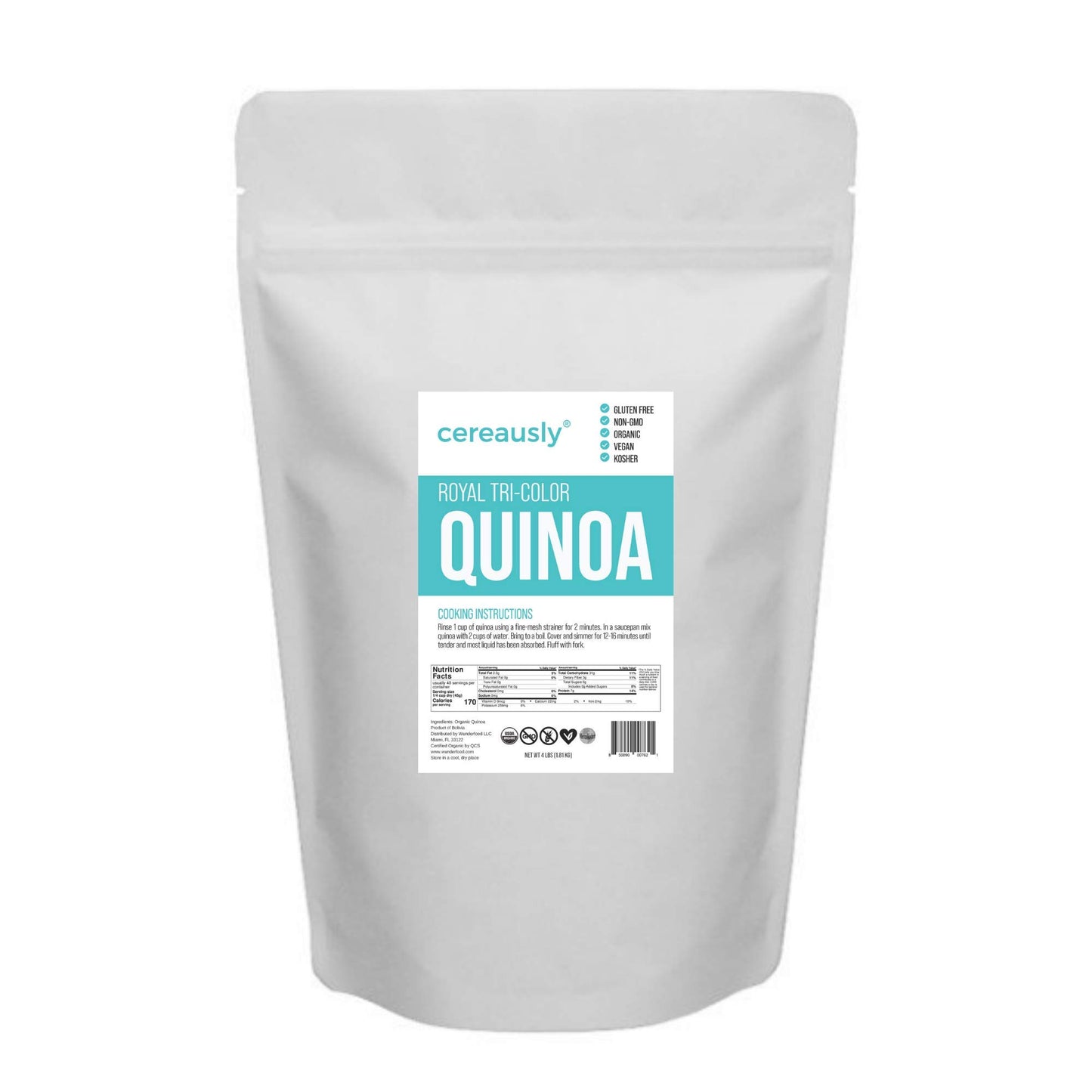 CEREAUSLY Organic Tri-Color Quinoa - Premium Royal Quinoa from Bolivia - Kosher and Non-GMO Quinoa Bulk - Vegan and Gluten-Fee Cooking Quinoa - 4 LB