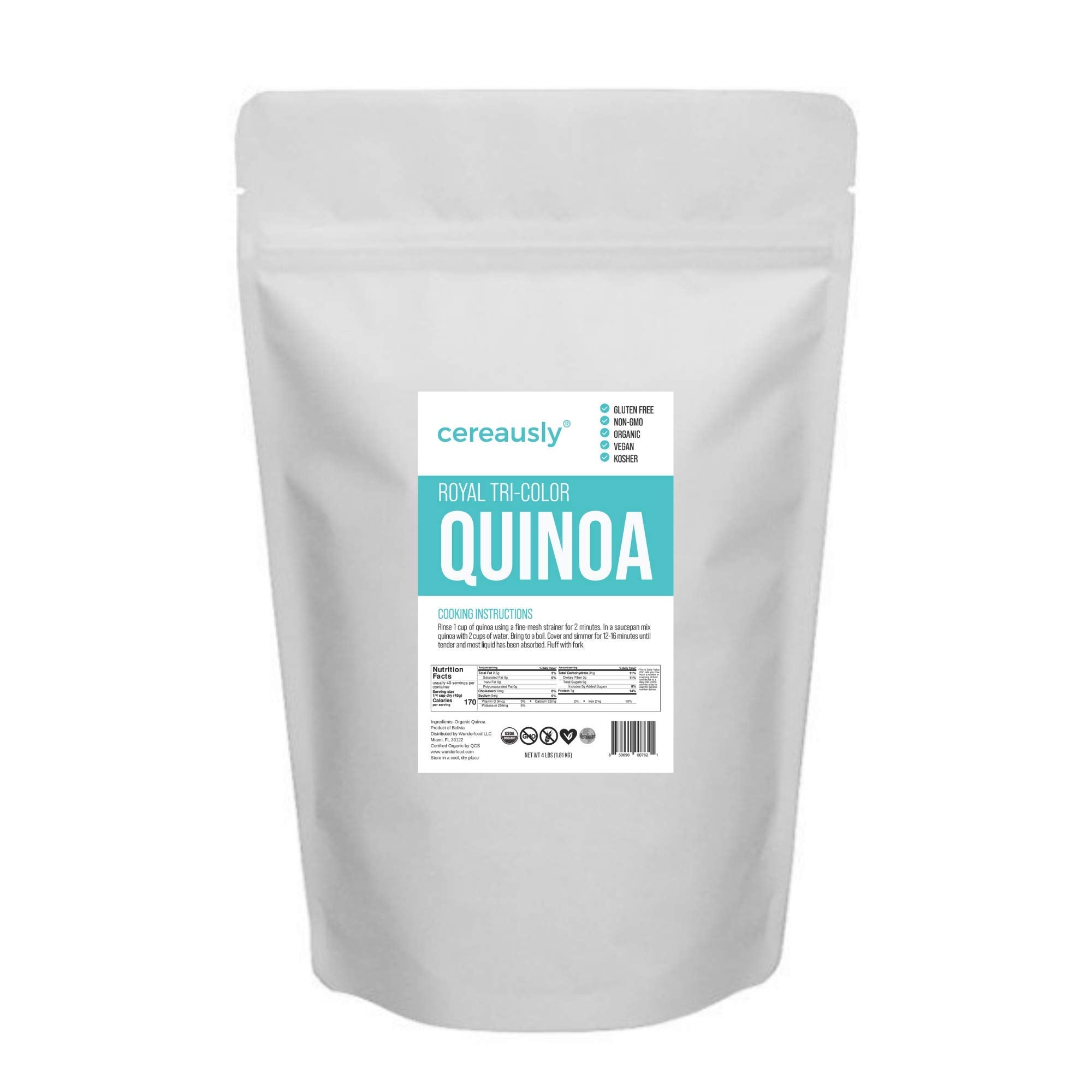 CEREAUSLY Organic Tri-Color Quinoa - Premium Royal Quinoa from Bolivia - Kosher and Non-GMO Quinoa Bulk - Vegan and Gluten-Fee Cooking Quinoa - 4 LB
