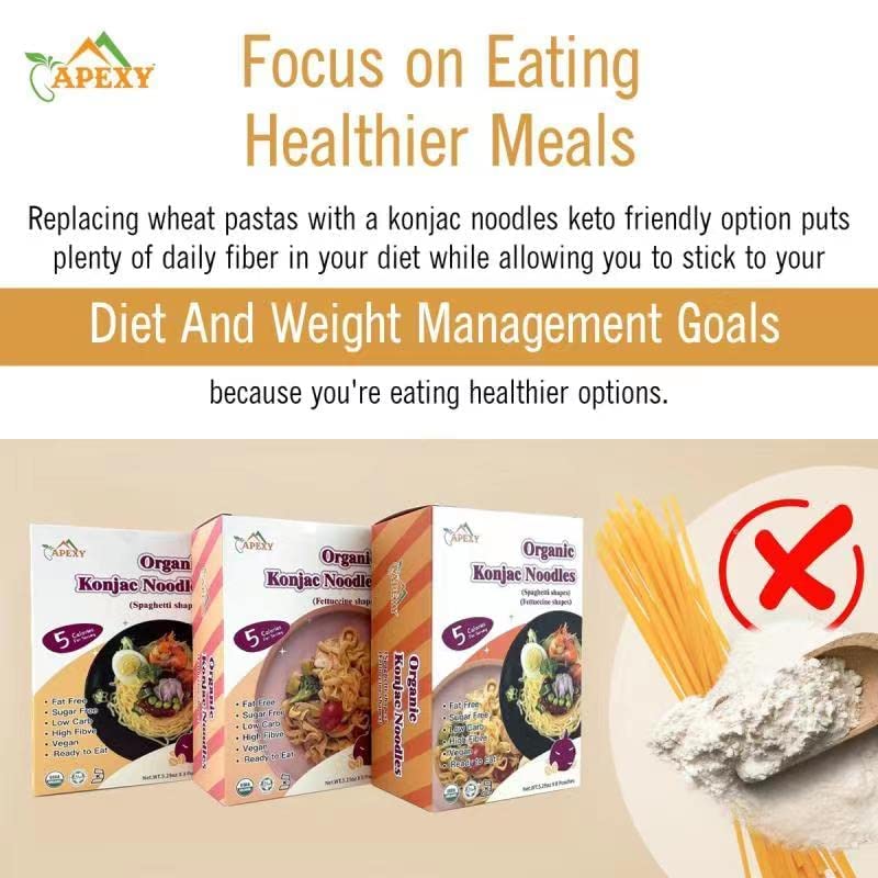 Apexy Organic Shirataki Konjac Noodle 8 Pouches Total 42.24oz. Low Calorie, Low-Carb Gluten Free, Vegan, Keto and Paleo-Friendly. (Fettuccine Shapes)