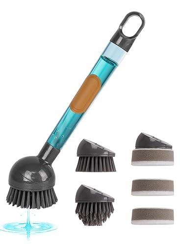 CuLiDing Soap Dispensing Dish Brush with Handle, 360° Rotating Head, 5-Piece Kitchen Cleaning Set (2 Brush Heads & 3 Sponges), Non-Scratch Scrubber