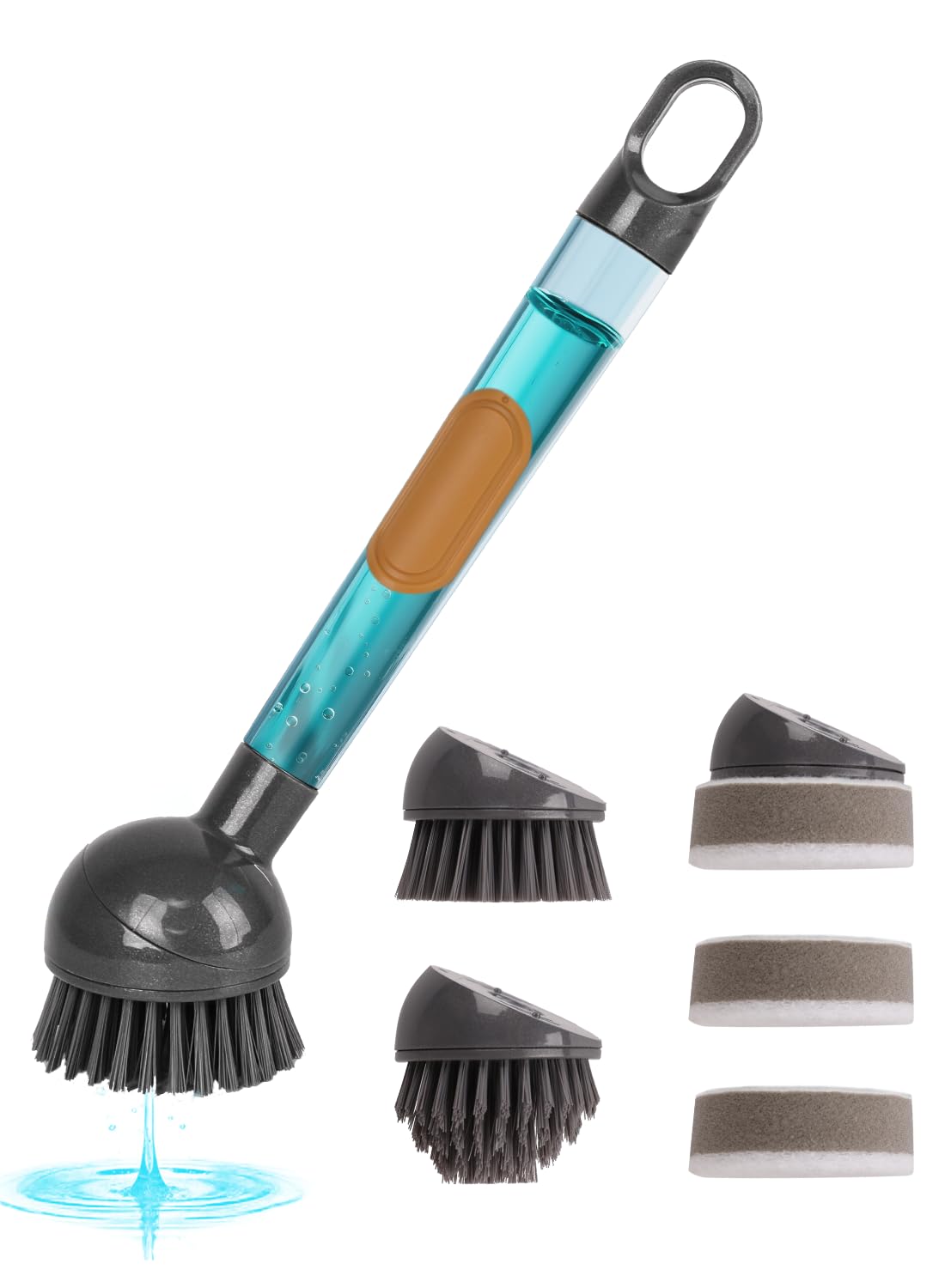 CuLiDing Soap Dispensing Dish Brush with Handle, 360° Rotating Head, 5-Piece Kitchen Cleaning Set (2 Brush Heads & 3 Sponges), Non-Scratch Scrubber
