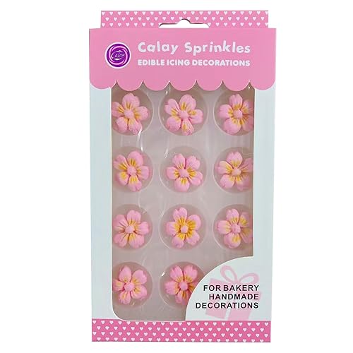 Sentovac 12 Pcs Pink Flowers Icing Decoration Edible Candy Dessert Valentine Sprinkles DIY For Cookie Cake Cupcake Topper Icing Frosting Decoration