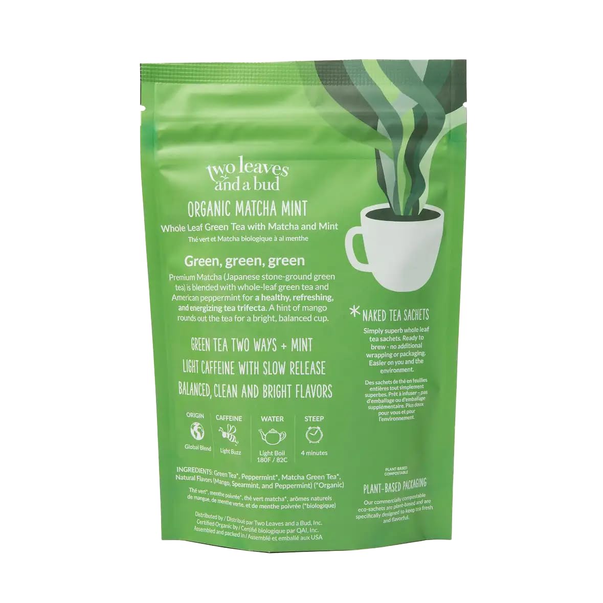 Two Leaves and a Bud Organic Matcha Mint - 15 Naked Tea Sachets, Whole Leaf Green Tea and Matcha in Unwrapped Pyramid Sachets, Resealable Bag, 15