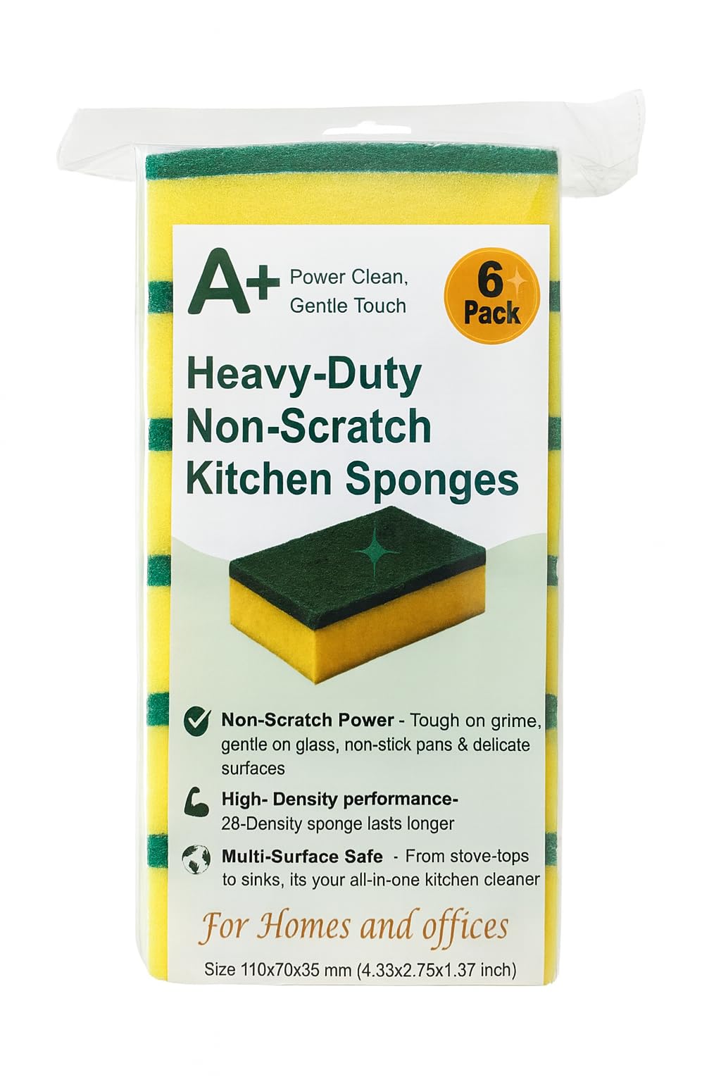 A Plus Kitchen Cleaning Sponge, Heavy Duty Non-Scratch Sponge for Non-Stick & Delicate Surfaces (When Used Gently), High Density, Dual-Side