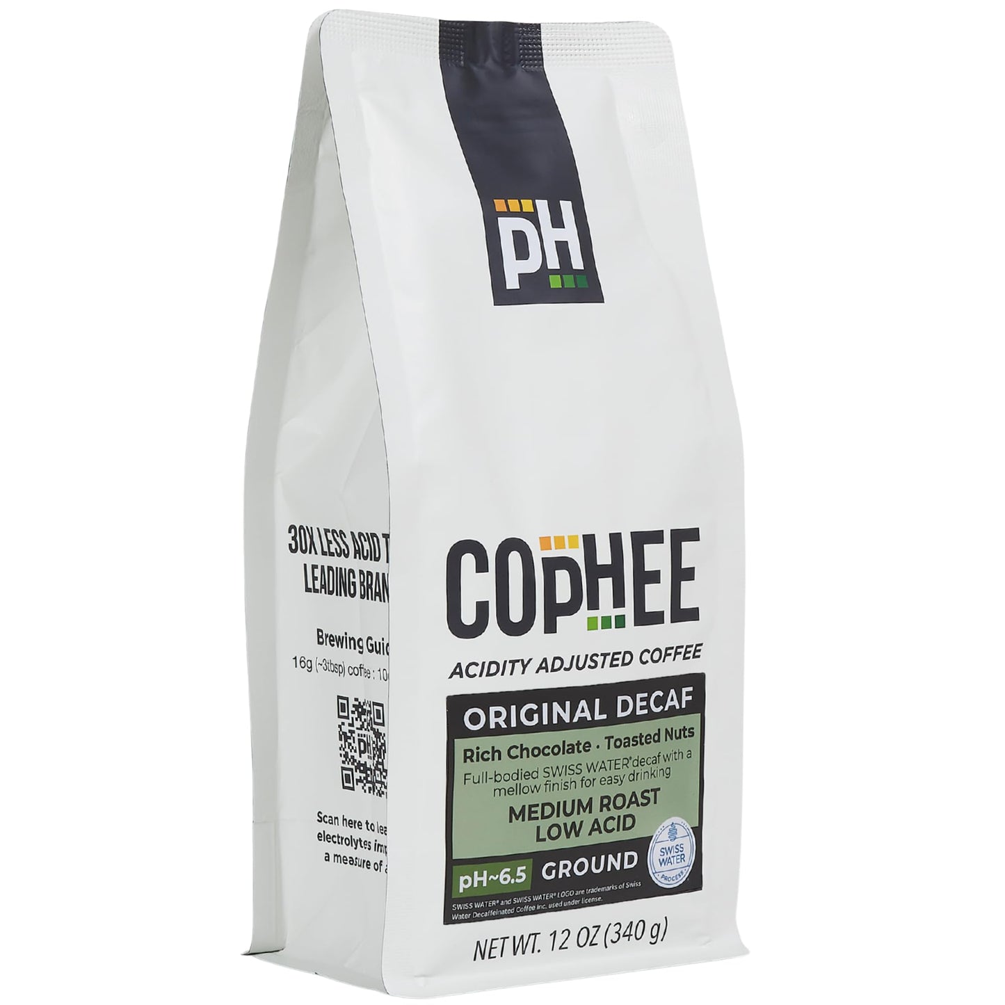 Low Acid Coffee - Decaf - Ground Medium Roast - Smooth Non-GMO Arabica Coffee - Electrolyte Infused for Sensitive Stomachs, Acid Reflux, and Heartburn
