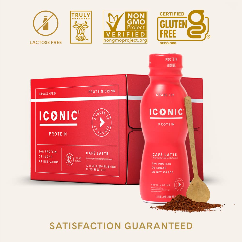 Iconic Protein Drinks, Café Latte (12 Pack) - Sugar Free & Low Carb - 20g Protein + 100mg Caffeine - Lactose Free, Gluten Free - Keto Friendly Protein