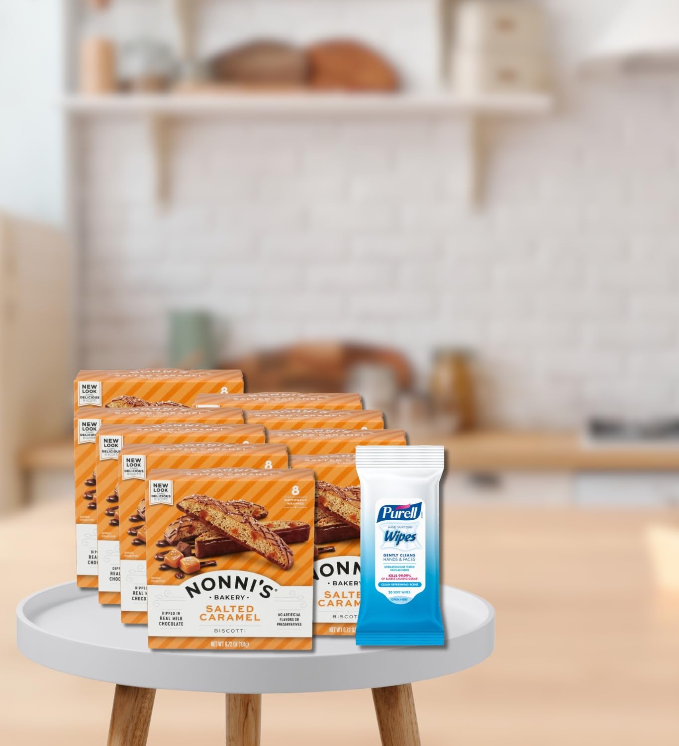 9x Nonnis Biscotti Salted Caramel 6.72 OZ Bundle with Hand Sanitizing Wipes - Crunchy Italian Biscotti with Caramel Flavor Plus Convenient Wipes