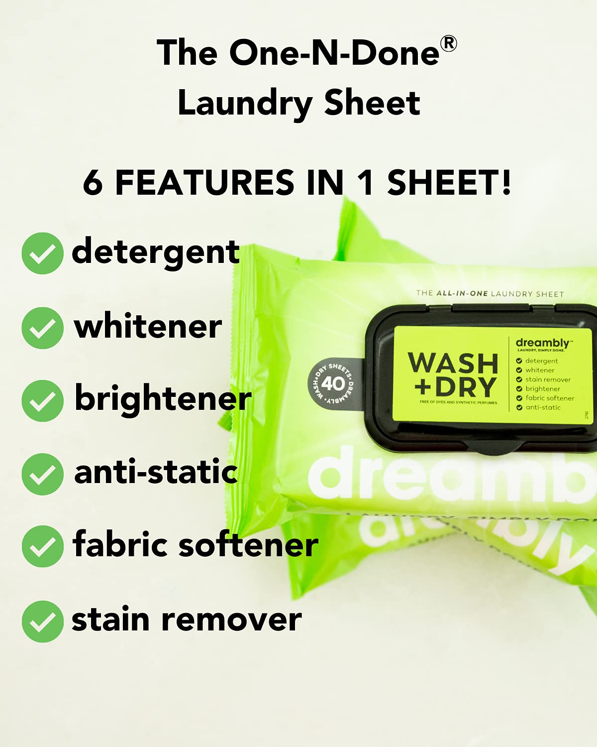 Dreambly Natural Laundry Detergent Sheets for Washer and Dryer, Organic Hypoallergenic 6-in-1 Detergent, Stain Remover, Whitener, Brightener, Fabric