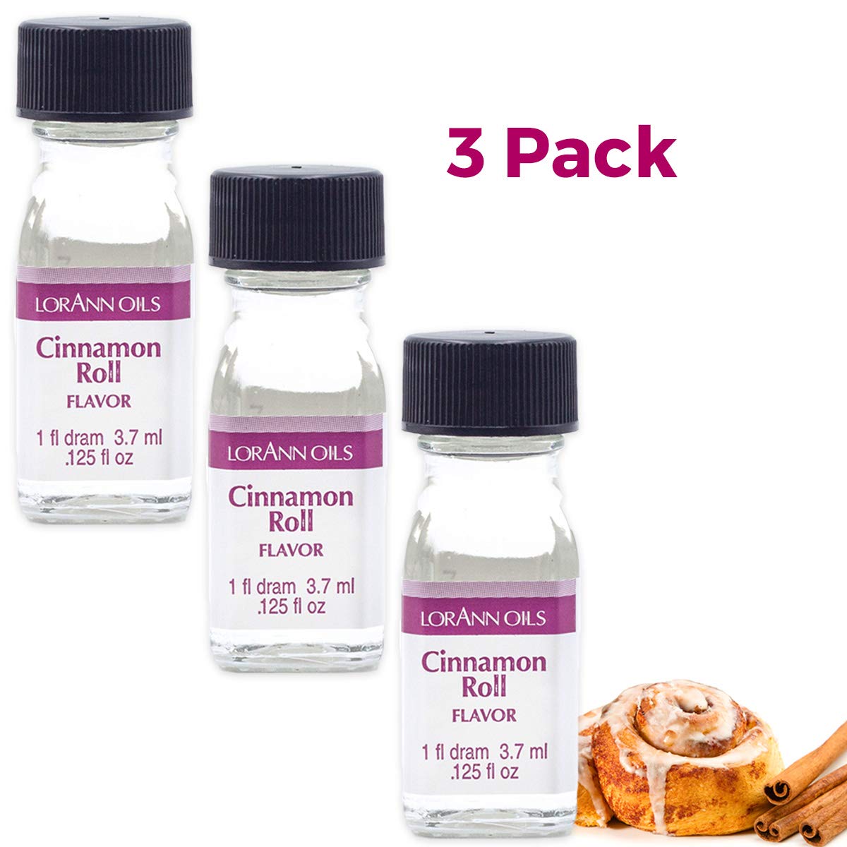 LorAnn Cinnamon Roll SS Flavor, 1 dram bottle (.0125 fl oz - 3.7ml - 1 teaspoon) - 3 Pack - includes a recipe