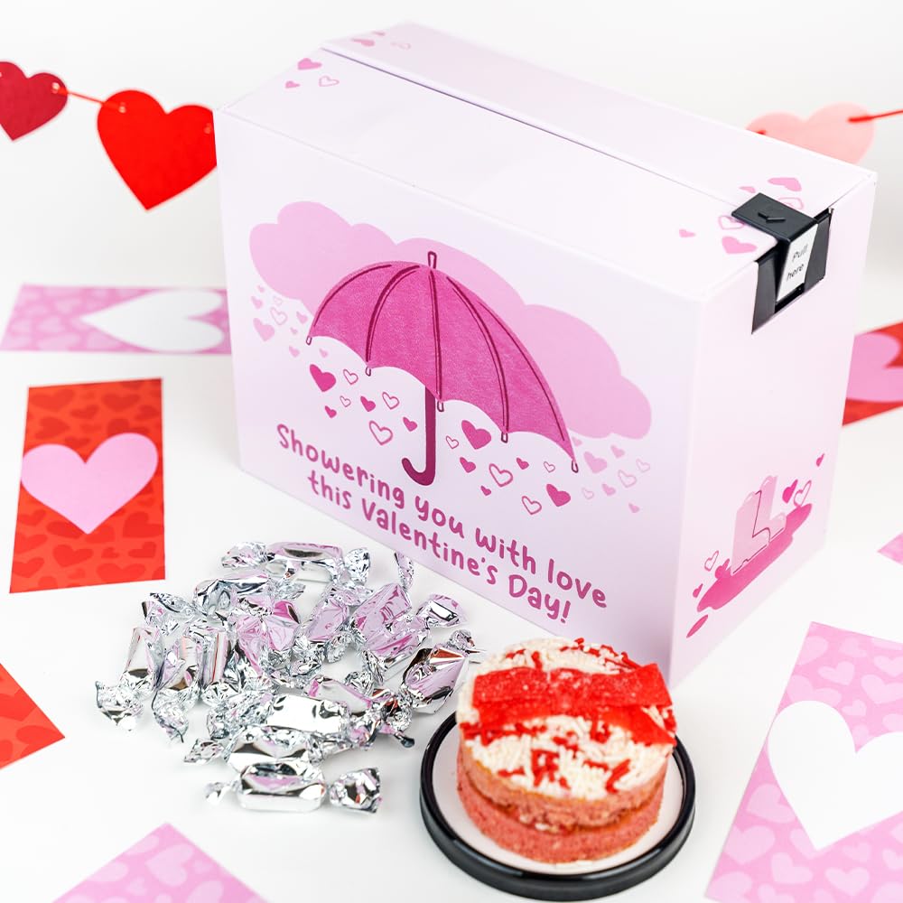 Umbrella Love Shower Bundle by Send A Cake - No Setup Required Explosion Gift Box with Music, Delicious 3" Mini Bundt Cake with 20 Sweet