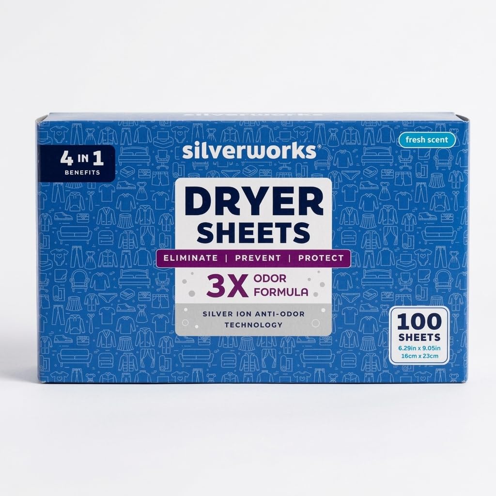 SilverWorks Dryer Sheets Laundry - Odor Eliminating Dryer Sheets with Silver Ion Technology - Softens, Fights Static & Reduces Wrinkles, Fresh Scent