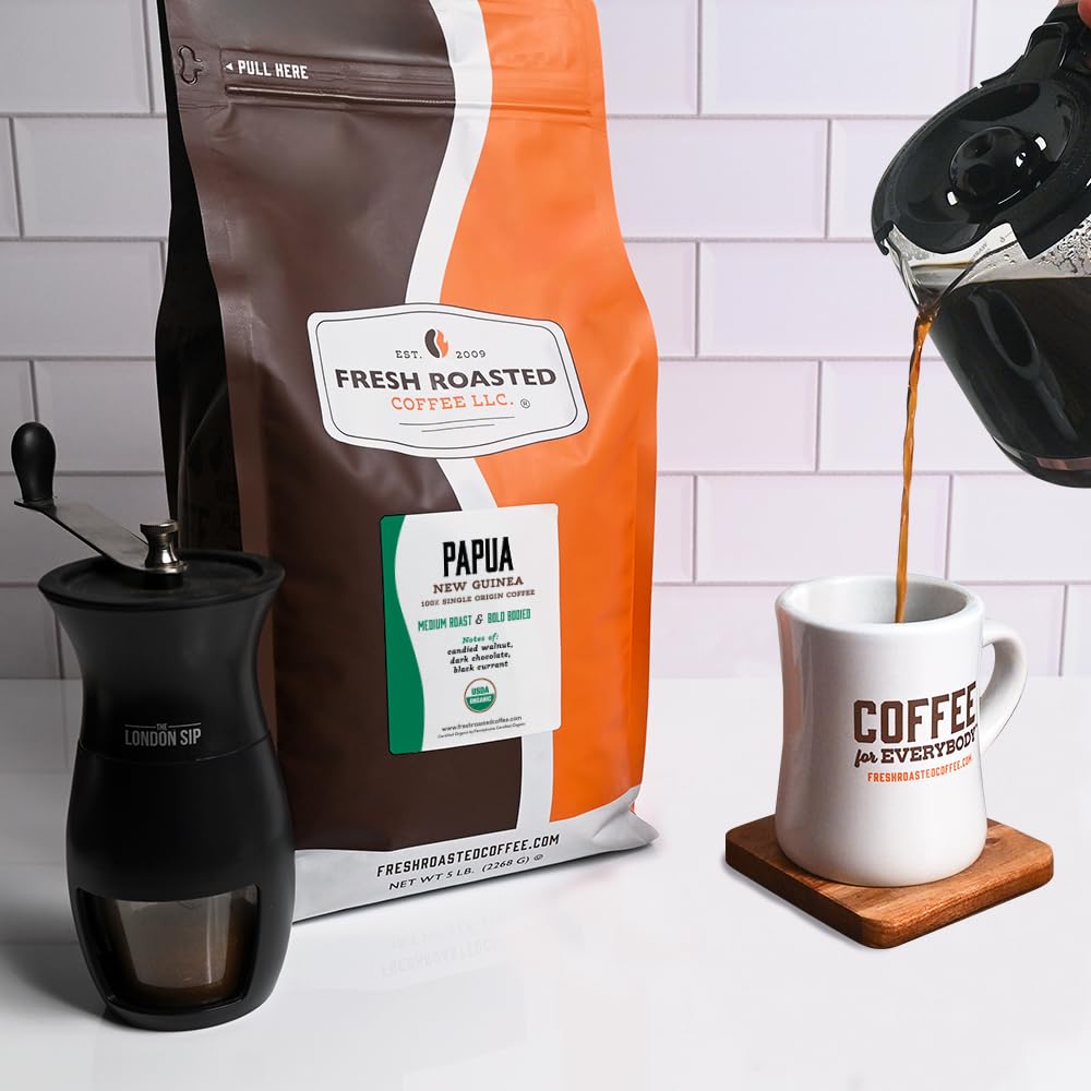 Fresh Roasted Coffee, Organic Papua New Guinea Whole Bean Coffee, Medium Roast, USDA Organic, 100% Single Origin, Kosher, 5 lb (80 oz)