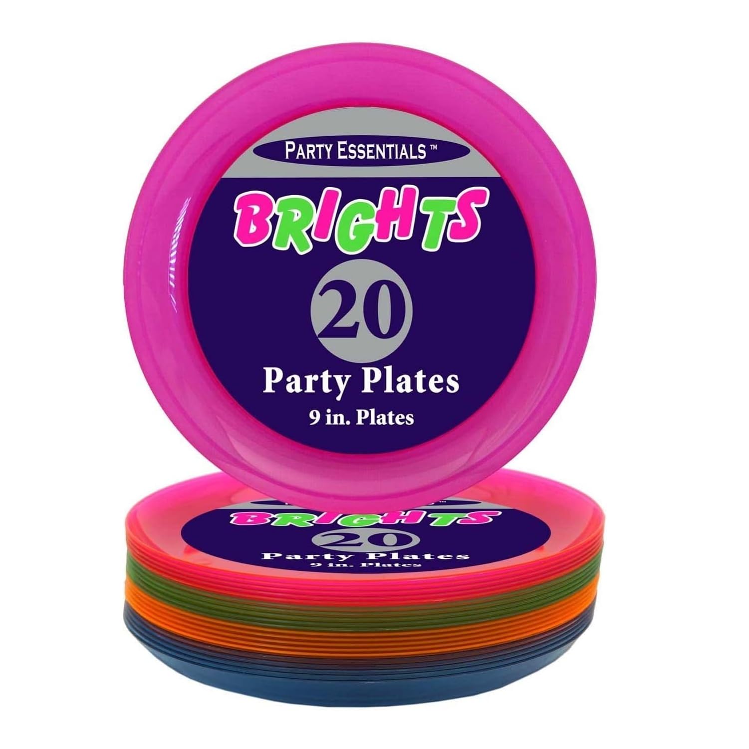 Party Essentials Hard Plastic 9-Inch Round Party/Luncheon Plates, Assorted Neon, 20-Count