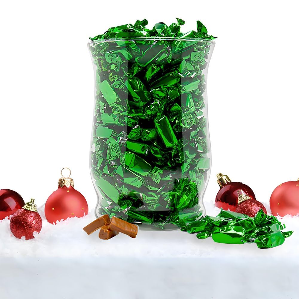 Fun Express - Green Foil Wrapped Caramels (2lbs) for Wedding - Edibles - Soft & Chewy Candy - Caramel & Licorice - 100 Pieces