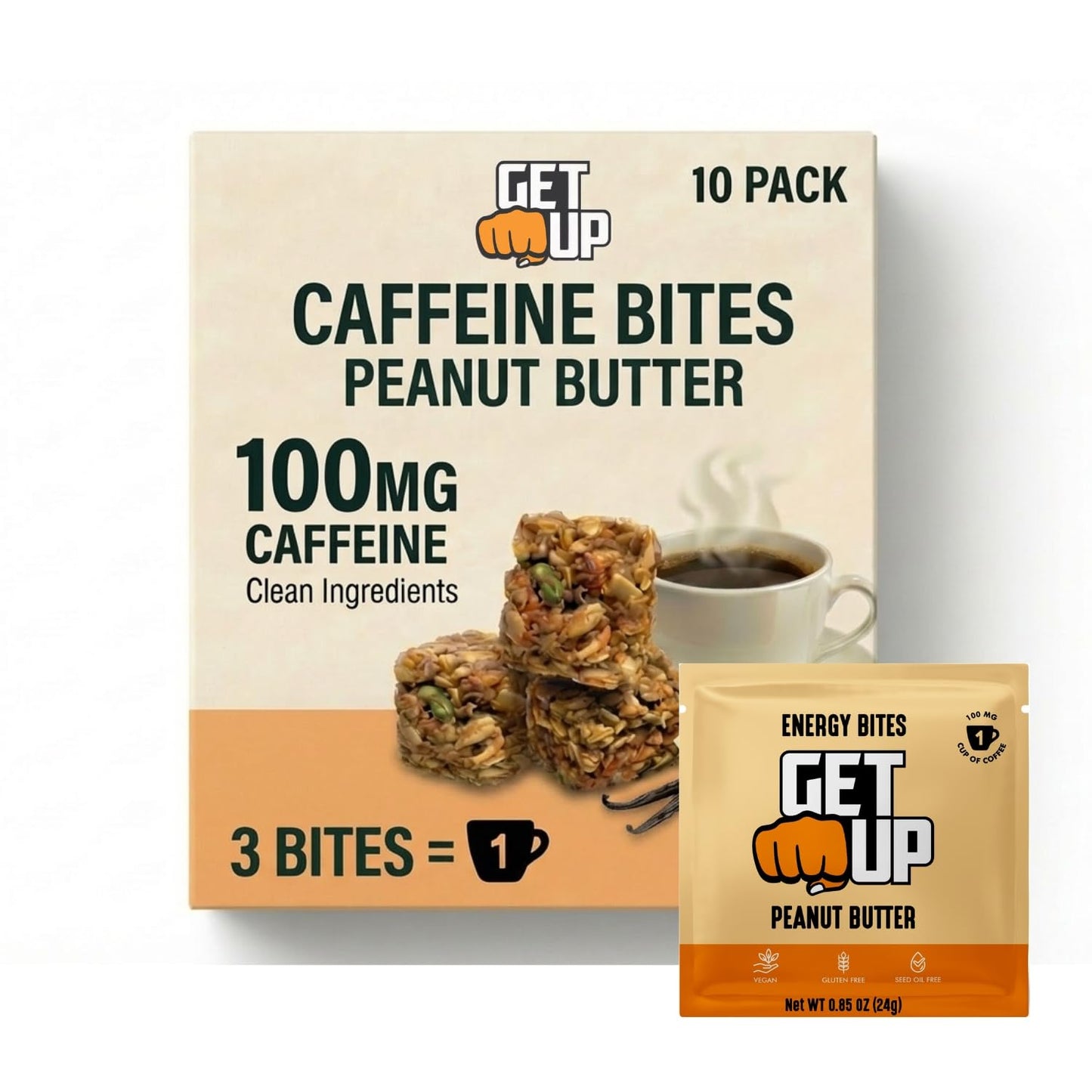 GetUp - Caffeinated Granola Bites - Peanut Butter (10 Pack) - 100mg Caffeine Energy Bites - Gluten-Free, 0 Seed Oils, All Natural - Coffee Alternative