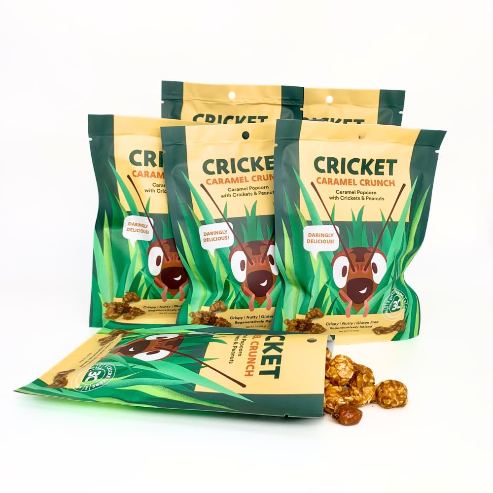 3 Cricketeers Cricket Caramel Crunch - Organic Gourmet Caramel Corn with Crunchy Crickets & Peanuts - Edible Cricket Treat 1 oz- Handmade & Grown in