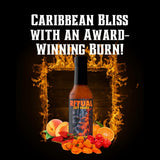 HELLFIRE RITUAL CARIBBEAN SPICED RUM-INFUSED HOT SAUCE. A TASTE OF THE ISLANDS TRINIDAD SCORPION, 7-POT PRIMO & ORANGE HABANERO PEPPERS BRING