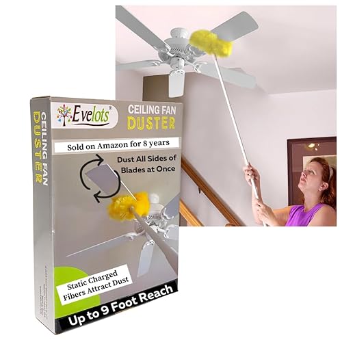 Evelots Ceiling Fan Blade Brush Cleaner - Long Extension Pole - Brush Both Sides at the Same Time - Scratch Resistant Microfiber Feather Cobweb Duster