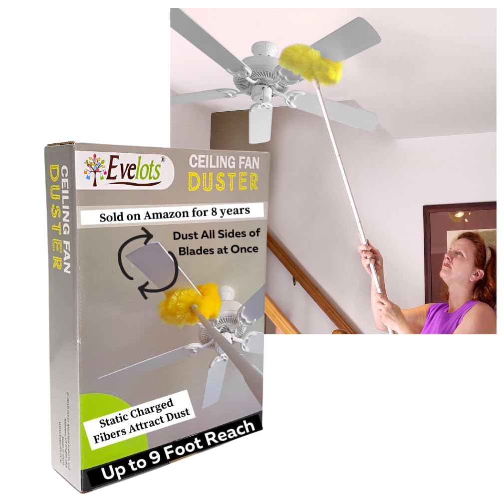 Evelots Ceiling Fan Blade Brush Cleaner - Long Extension Pole - Brush Both Sides at the Same Time - Scratch Resistant Microfiber Feather Cobweb Duster