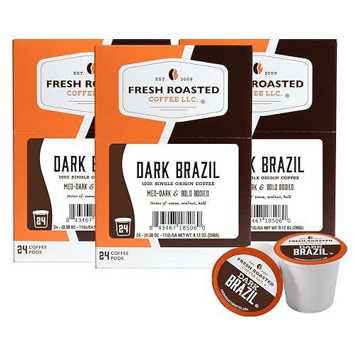 Fresh Roasted Coffee, Dark Brazil, Med-Dark Roast, 72 Pods for K Cup Brewers