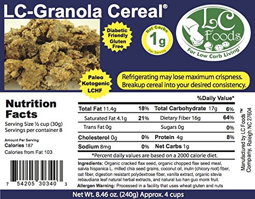 Low Carb Plain Granola Cereal - Fresh Baked - LC Foods - All Natural - Gluten Free - No Sugar - High Protein - Diabetic Friendly - Low Carb Granola