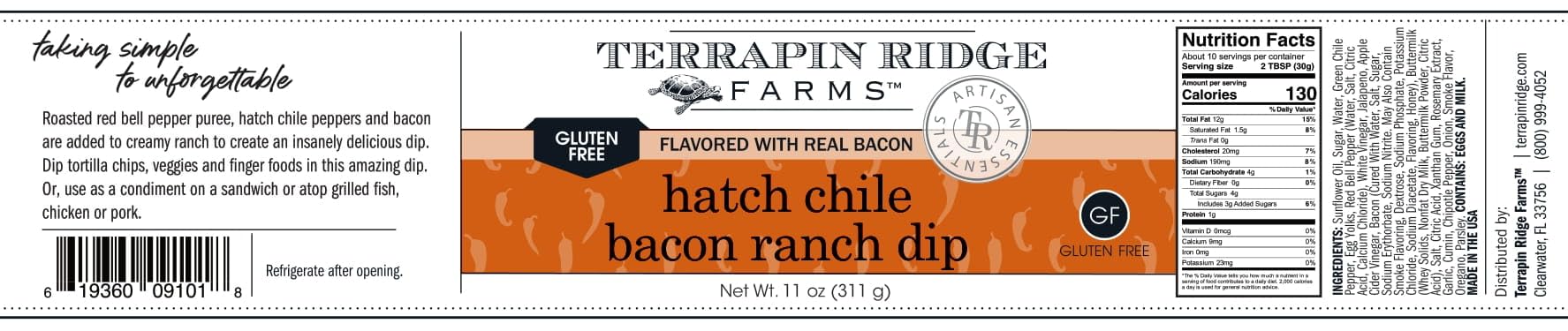 Terrapin Ridge Farms Hatch Chile Bacon Ranch Dip - Gourmet Creamy 11 Ounce Jar
