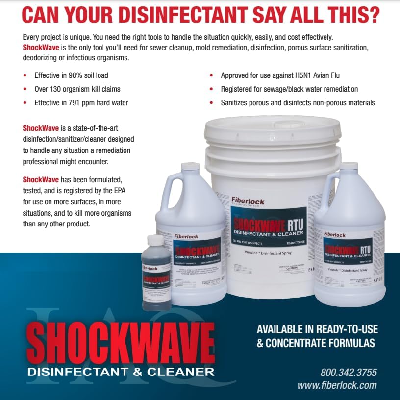 Fiberlock Shockwave Disinfectant Cleaner Concentrate, 1 Gallon, Ideal for Water Restoration & Flood Mitigation, Hospital-Grade Disinfectant