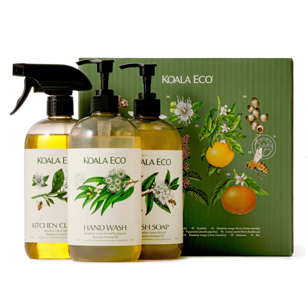 Koala Eco Gift Set of 3 Includes: Kitchen Cleaner, Dish Soap, Hand Wash, Beautifully Packaged - Australian Lemon Eucalyptus, Lemon Myrtle & Rosemary