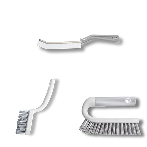 [3-Pack] Heavy Duty Scrub Brush Set with Professional PBT Stiff Bristles, V-Shape Grout Cleaner & Wide Floor Scrubber for Deep Cleaning Bathroom