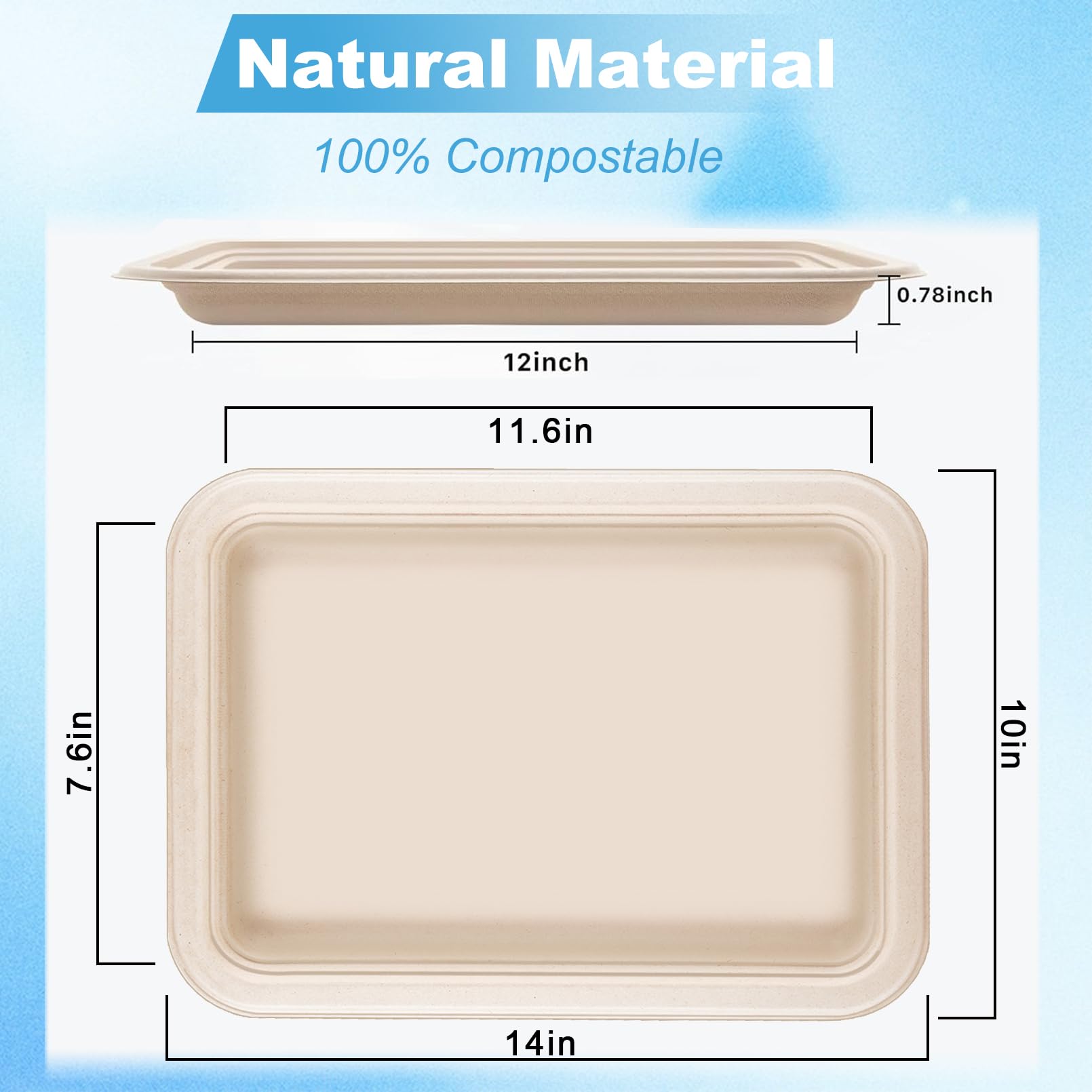 CACASO 50 Pack 14 inch Large Paper Plates, Disposable Food Trays, Heavy Duty Large Paper Plates, Compostable Sugarcane Platters, Disposable Serving