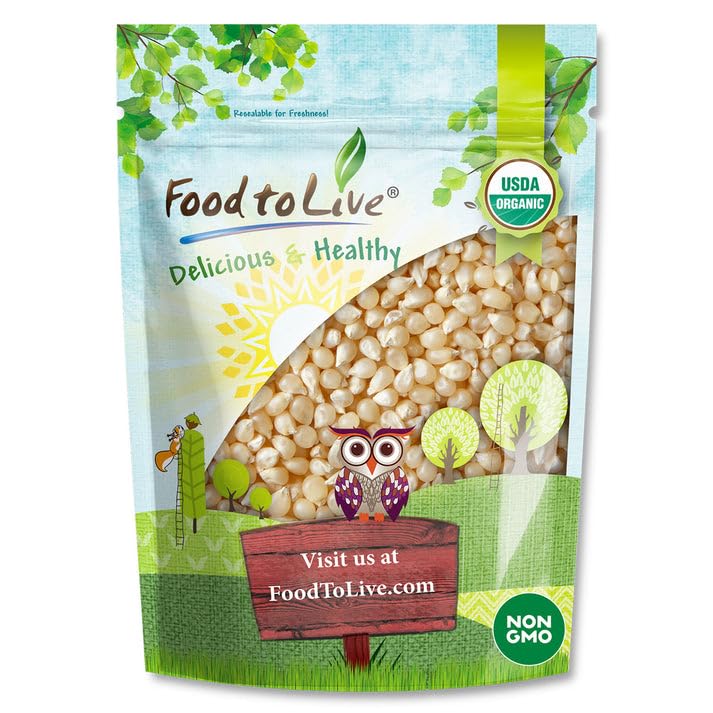 Food to Live Organic White Popcorn Kernels, 1.5 Pounds - Hulless Uncooked Whole Corn Ideal for Popping. USA Grown, USDA Certified. Non-GMO, Vegan