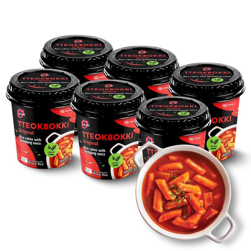Spicy Cup Tteokbokki Instant Rice Cakes Korean - [Original (Gochujang) | Pack of 6] - Ready in 3 Minutes | Gluten-Free, Chewy, Quick & Easy Meal |