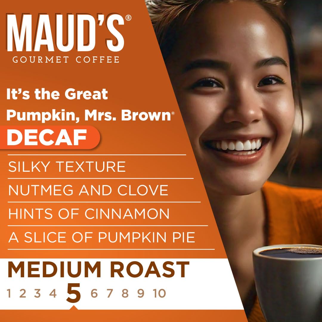 Maud's Decaf Pumpkin Spice Flavored Coffee Pods, 18 ct, Medium Roast Flavored Coffee in Single Serve Pods - 100% Arabica Beans, Compatible with Keurig