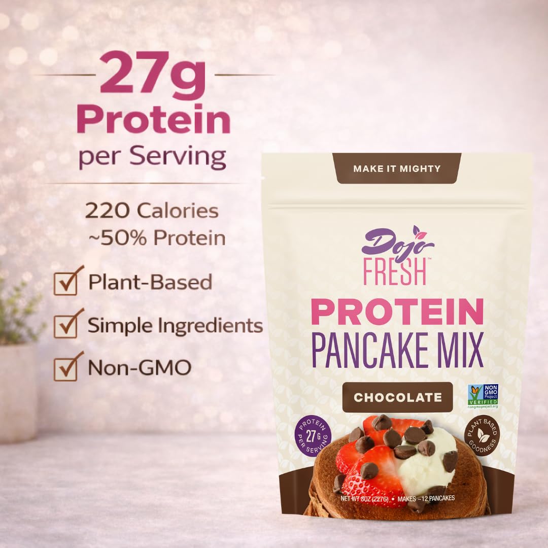 Dojo Fresh Chocolate Protein Pancake Mix, Plant-Based & Vegan, 27g Protein per Serving, Non-GMO, Just Add Water, High-Protein Pancakes, Waffles & Baking Mix (8 oz)