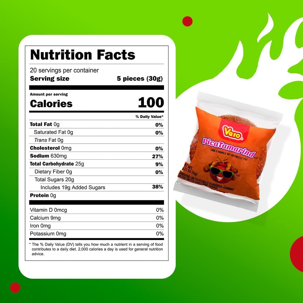 Vero PicaTamarind - Tamarind Flavor Chewy Gummy Treats Coated With Chili Powder & Sugar 100 Pieces (5.15 Oz) - Mexican Candy - Individually Wrapped