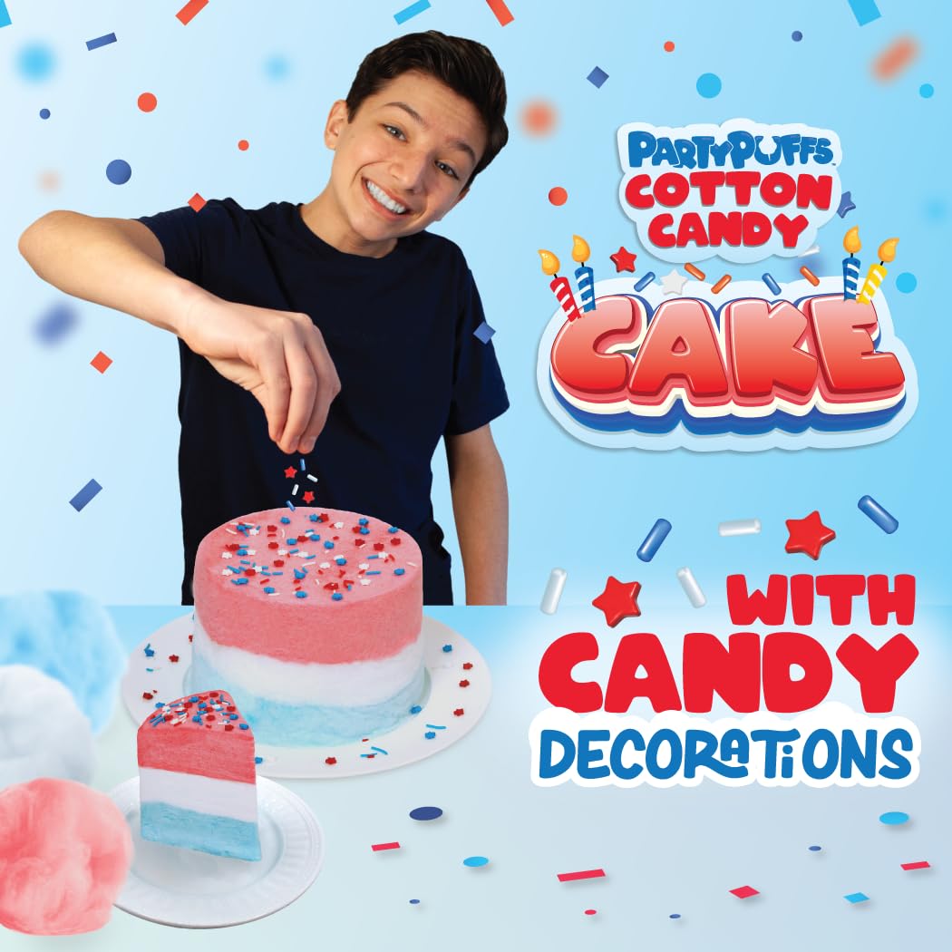 PartyPuffs 4oz Sliceable Cotton Candy Cake Tub - Strawberry Vanilla Blue Raspberry - Ready-to-Serve Gluten-Free Dessert for Kids & Party Favors