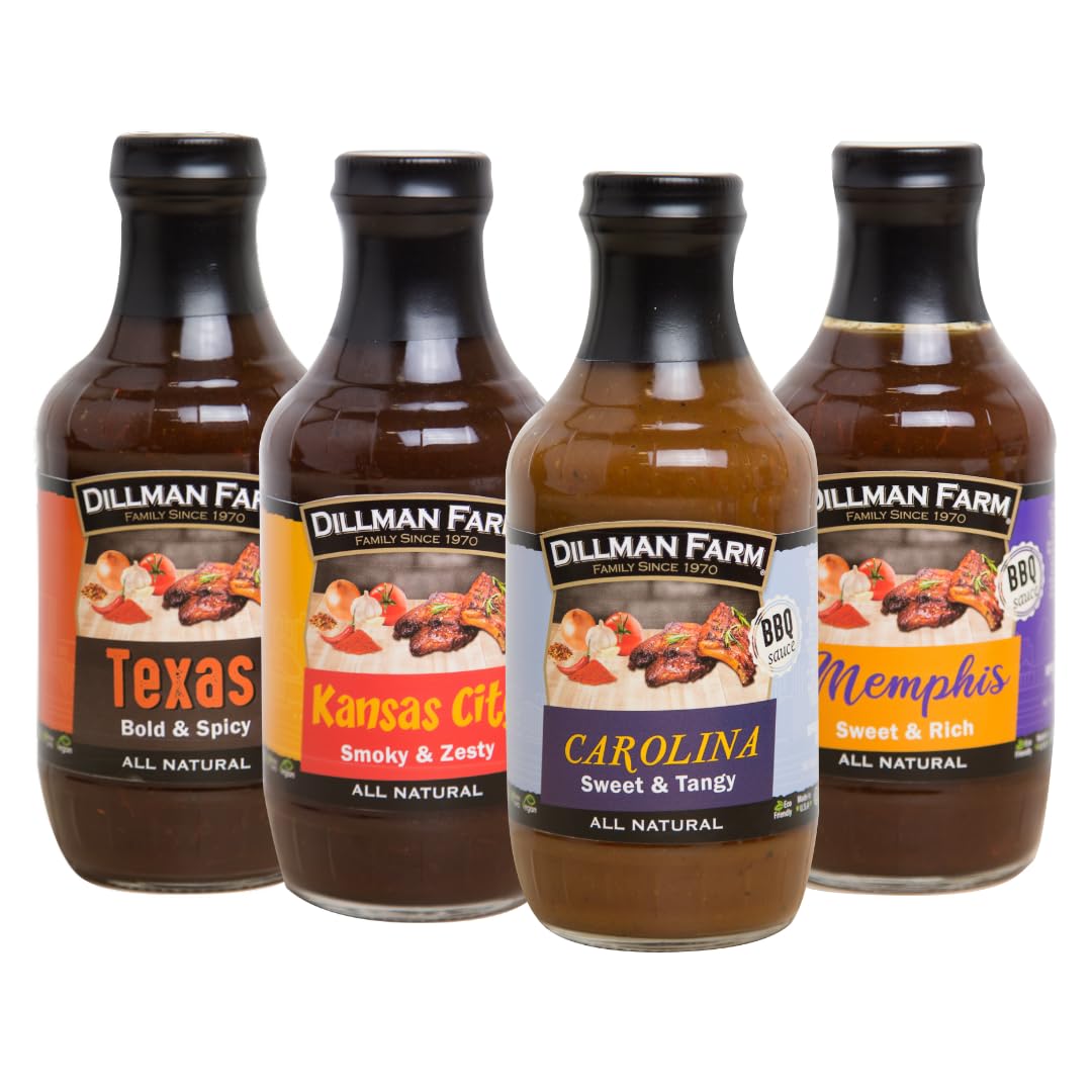 Dillman Farm Barbecue Sauce Variety Pack-Texas, Kansas City, Memphis, Carolina- Gluten-Free, Non-GMO, Vegan, Kosher, Eco-Friendly, Preservative Free