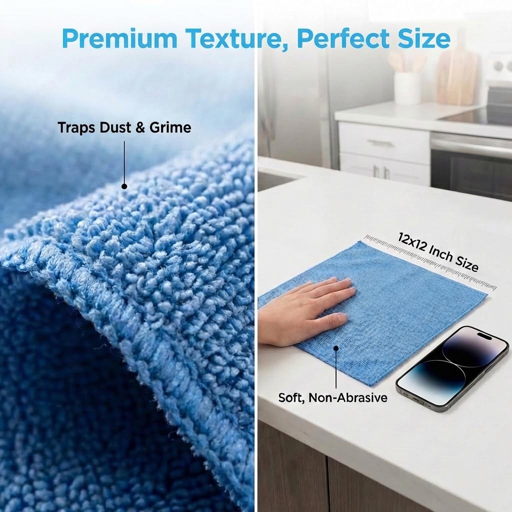 MIRACLEAN Microfiber Cleaning Cloth 12 Pack - 12 x 12 inches - Rags for Cleaning House Streak-Free Wipes for Screens, Dusting & Appliances - Premium