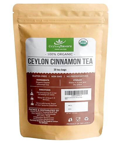 Ceylon Flavors Fresh and Pure Organic Ceylon Cinnamon 30 Tea Bags From Sri Lanka USDA Certified