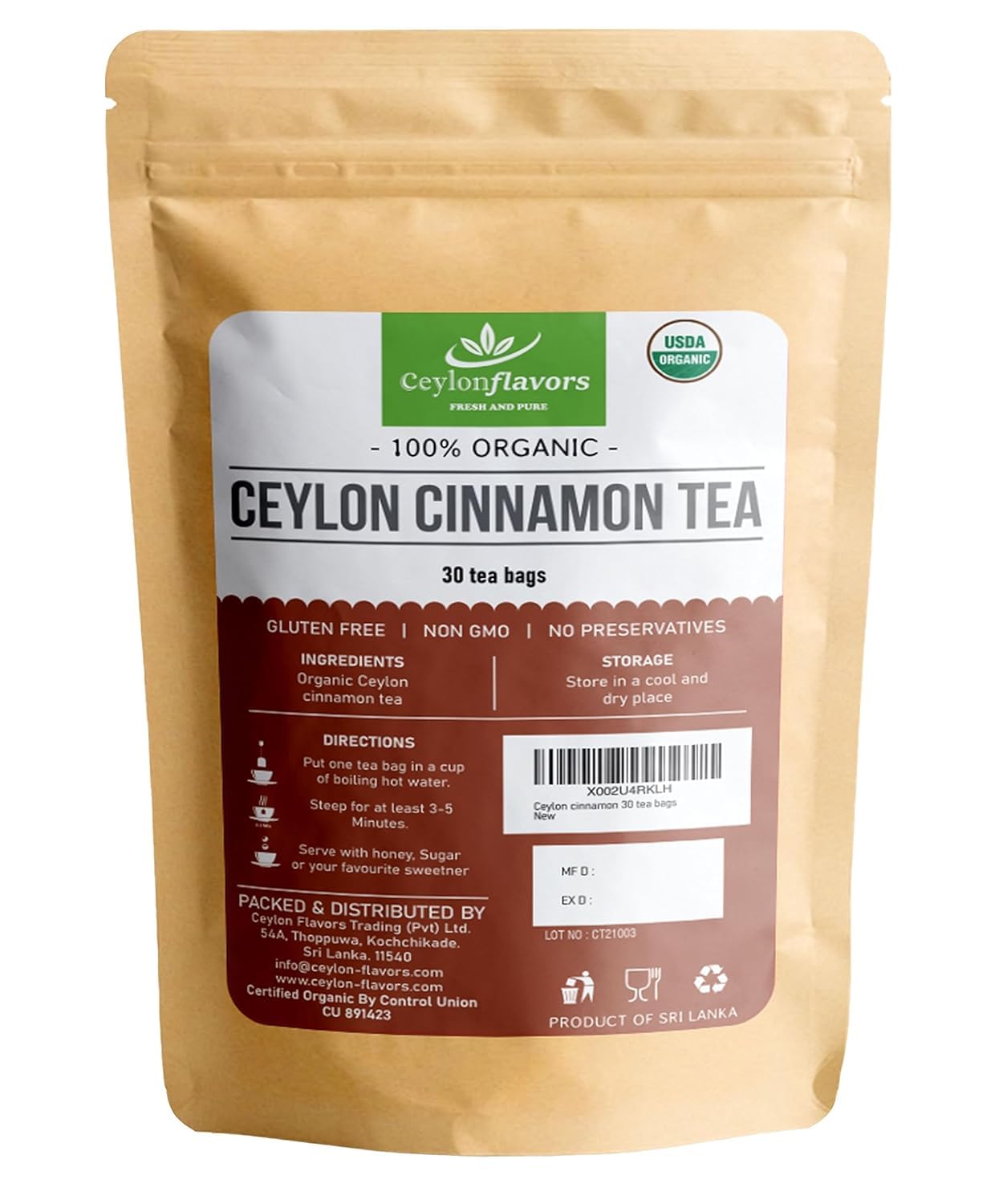 Ceylon Flavors Fresh and Pure Organic Ceylon Cinnamon 30 Tea Bags From Sri Lanka USDA Certified