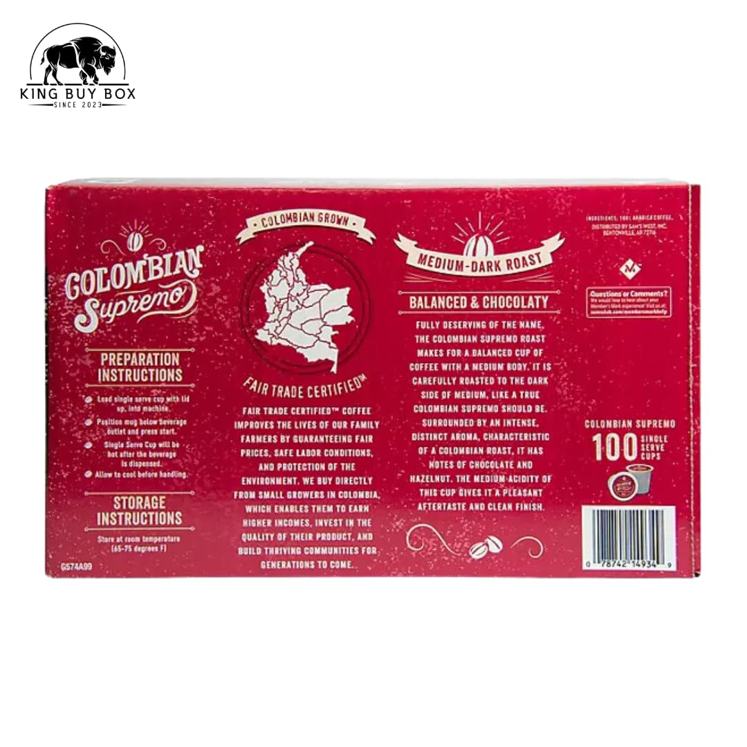 KING BUY BOX 1 PCS cup Bundle with Colombian Supremo Medium-Dark Roast Coffee Pods, 100 ct. compatible with Members Mark