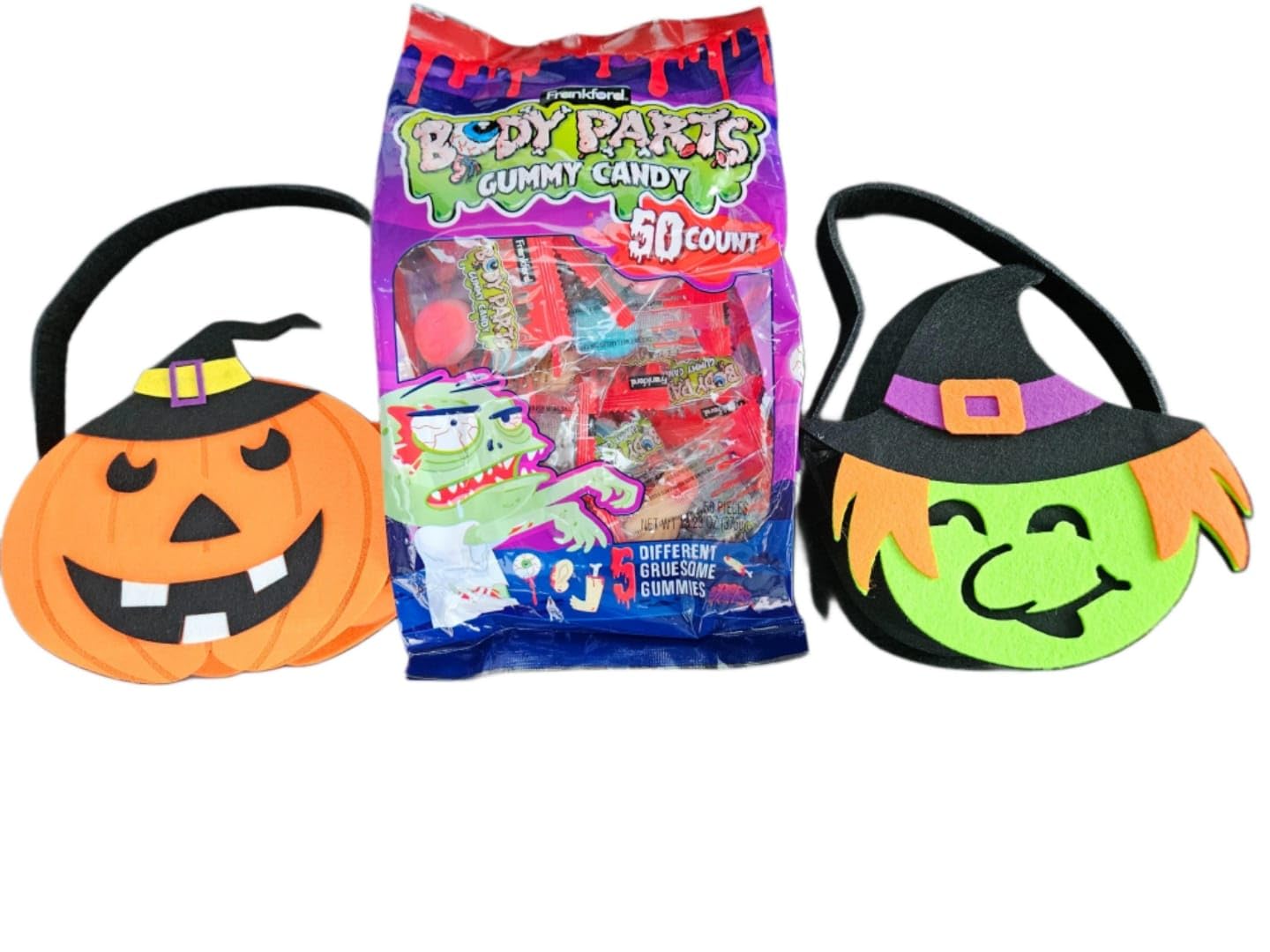 HUBZ Assorted Halloween Gummy Body Parts with Felt Baskets, 50 Pieces