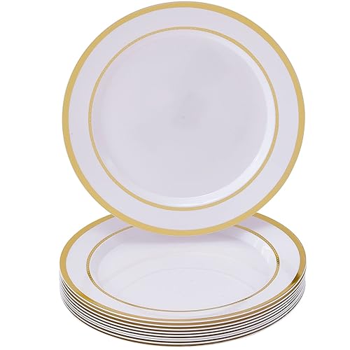 Gold and White Plastic Plates Disposable - Elegant Plastic Plates for Party - 10 Dinner Plates - 10.25” - Ritz Collection